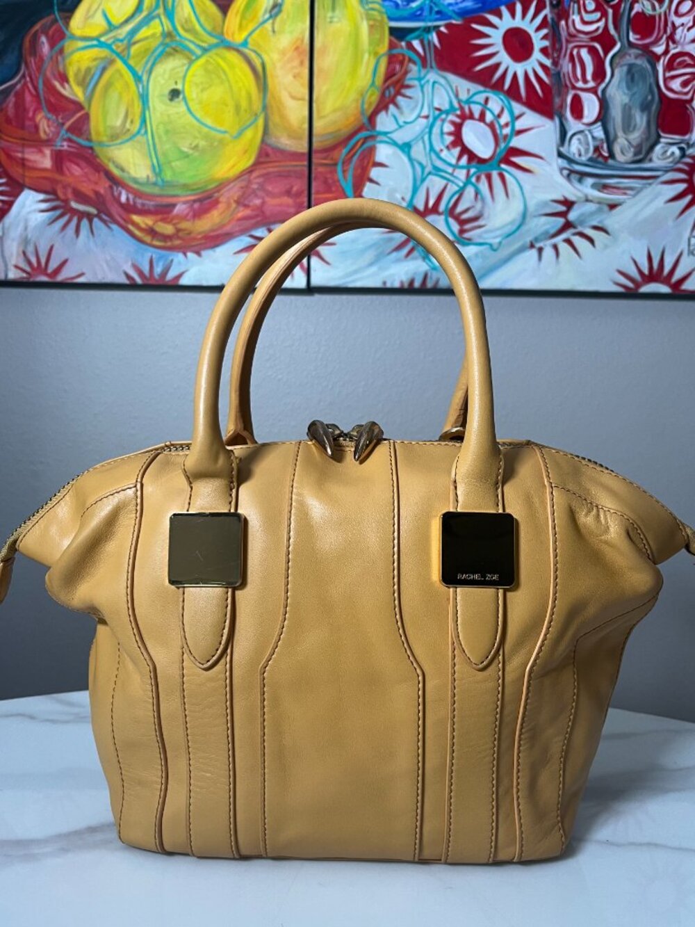 Rachel Zoe Camel Convertible Leather Satchel Bowler Tote Shoulder Bag - Picture 3 of 16
